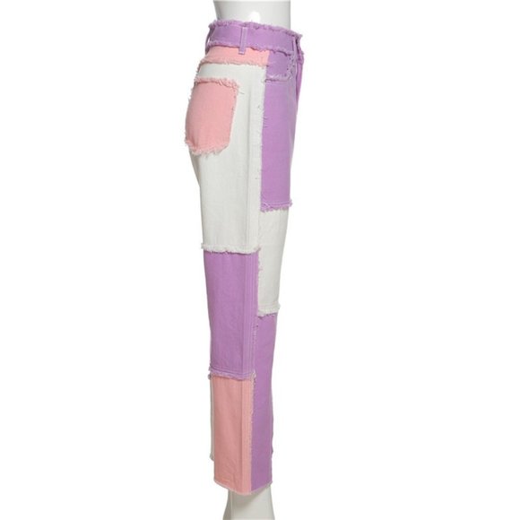 Patchwork Contrast High Waist Pants Denim Jeans - Picture 3 of 16